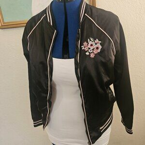 Black floral embroidered peacock bomber jacket